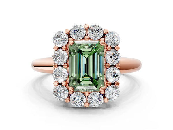 Rose gold Fancy Green Emerald  Halo Cluster Diamond Engagement Ring with Prong Setting and Polished Band