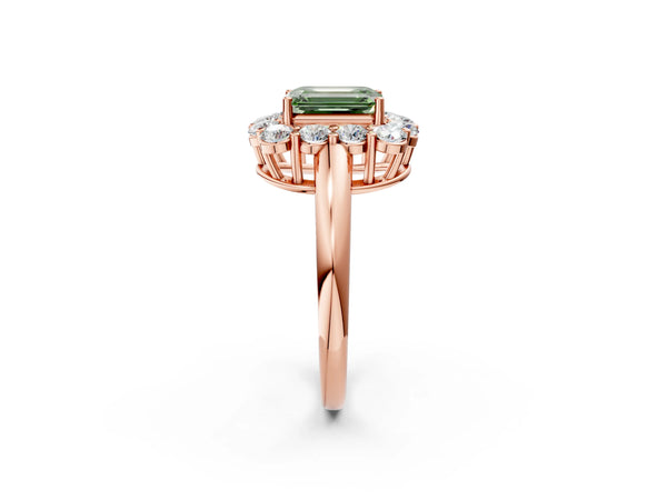 Rose gold Fancy Green Emerald  Halo Cluster Diamond Engagement Ring with Prong Setting and Polished Band