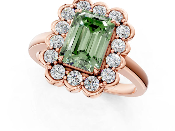 Rose gold Fancy Green Emerald  Halo Cluster Diamond Engagement Ring with Solitaire Band and Prong Setting