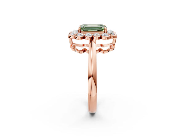 Rose gold Fancy Green Emerald  Halo Cluster Diamond Engagement Ring with Solitaire Band and Prong Setting