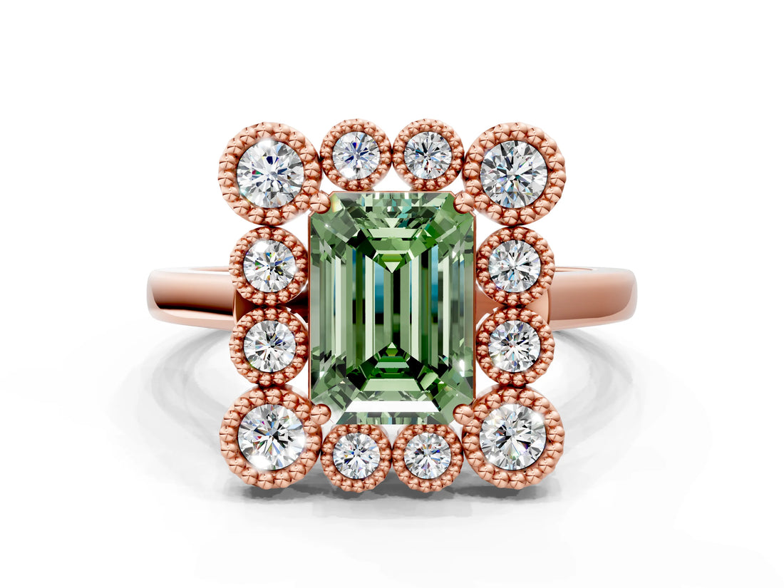 Rose gold Fancy Green Emerald  Halo Diamond Cluster Engagement Ring with Milgrain Bezel Setting and Solitaire Band_51