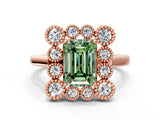 Rose gold Fancy Green Emerald  Halo Diamond Cluster Engagement Ring with Milgrain Bezel Setting and Solitaire Band_51