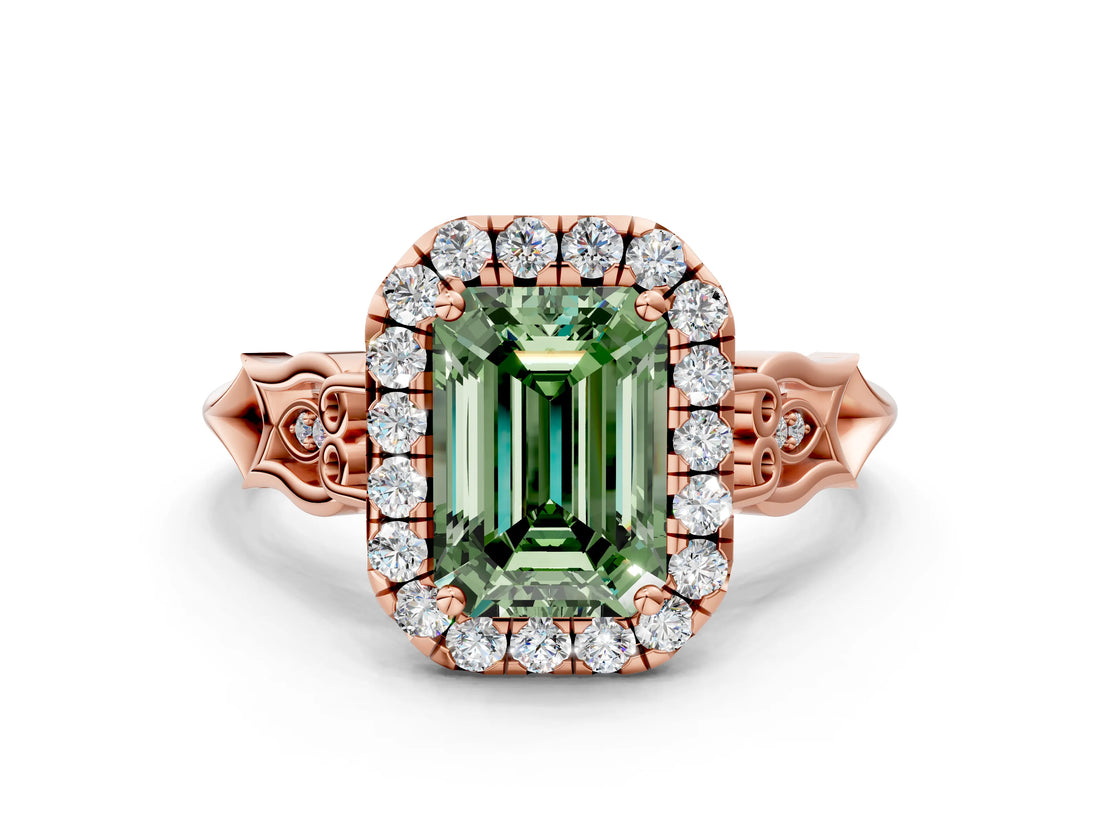 Rose gold Fancy Green Emerald  Halo Diamond Engagement Ring with Filigree Band and Four-Prong Setting_81