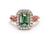 Rose gold Fancy Green Emerald  Halo Diamond Engagement Ring with Filigree Band and Four-Prong Setting_81