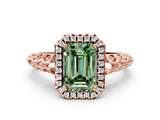 Rose gold Fancy Green Emerald  Halo Diamond Engagement Ring with Intricate Filigree Band and Four-Prong Setting_37