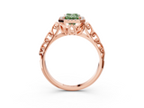 Rose gold Fancy Green Emerald  Halo Diamond Engagement Ring with Intricate Filigree Band and Four-Prong Setting_40