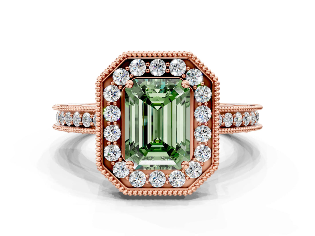 Rose gold Fancy Green Emerald  Halo Diamond Engagement Ring with Milgrain Pave Band and Four-Prong Setting_38