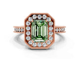 Rose gold Fancy Green Emerald  Halo Diamond Engagement Ring with Milgrain Pave Band and Four-Prong Setting_38
