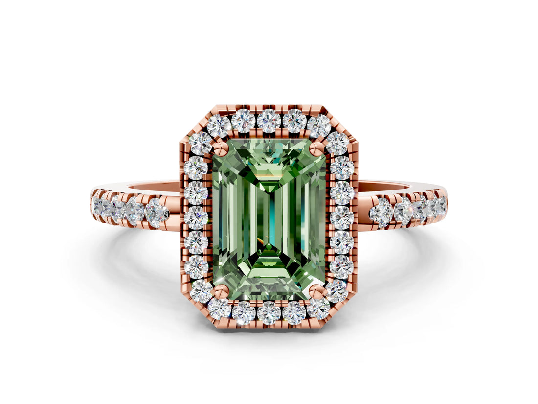 Rose gold Fancy Green Emerald  Halo Diamond Engagement Ring with Pavé Band and Four-Prong Setting_69