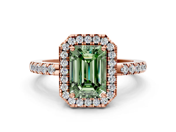 Rose gold Fancy Green Emerald  Halo Diamond Engagement Ring with Pavé Band and Four-Prong Setting