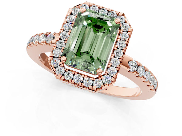 Rose gold Fancy Green Emerald  Halo Diamond Engagement Ring with Pavé Band and Four-Prong Setting