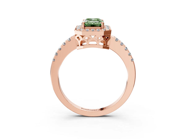 Rose gold Fancy Green Emerald  Halo Diamond Engagement Ring with Pavé Band and Four-Prong Setting