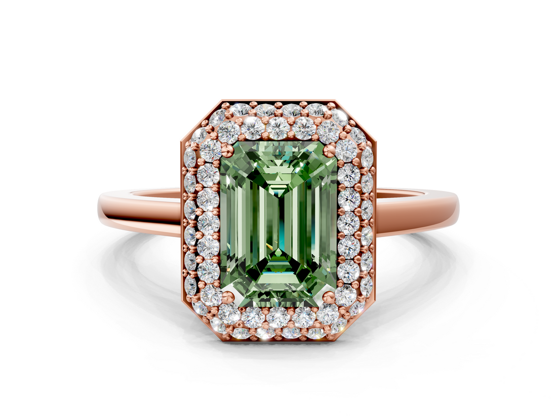 Rose gold Fancy Green Emerald  Halo Diamond Engagement Ring with Solitaire Band and Four-Prong Setting_20