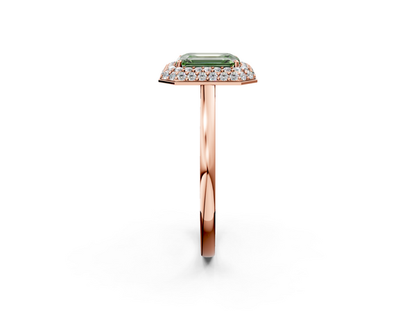 Rose gold Fancy Green Emerald  Halo Diamond Engagement Ring with Solitaire Band and Four-Prong Setting