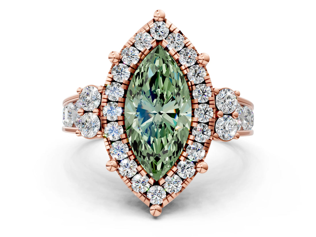 Rose gold Fancy Green Emerald  Halo Diamond Engagement Ring with Split Shank and Four-Prong Setting_60