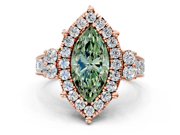 Rose gold Fancy Green Emerald  Halo Diamond Engagement Ring with Split Shank and Four-Prong Setting