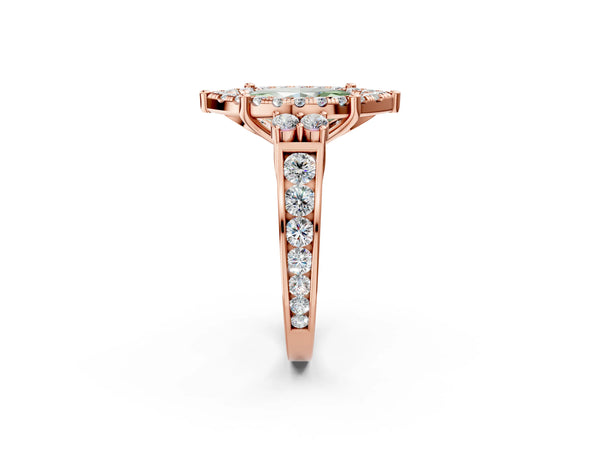 Rose gold Fancy Green Emerald  Halo Diamond Engagement Ring with Split Shank and Four-Prong Setting