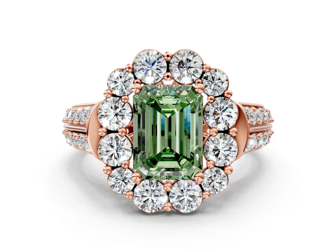 Rose gold Fancy Green Emerald  Halo Diamond Engagement Ring with Split Shank and Prong Setting_66