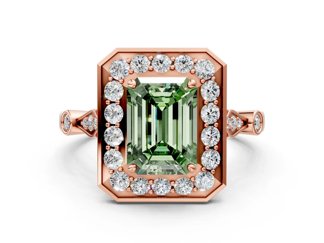 Rose gold Fancy Green Emerald  Halo Diamond Engagement Ring with Twisted Band and Four-Prong Setting 1
