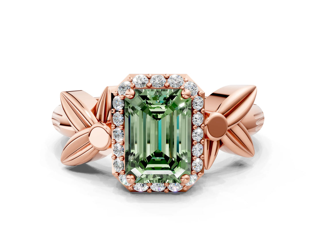 Rose gold Fancy Green Emerald  Halo Diamond Floral Band with Four-Prong Setting_55