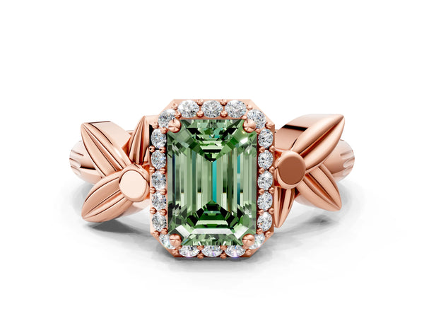 Rose gold Fancy Green Emerald  Halo Diamond Floral Band with Four-Prong Setting