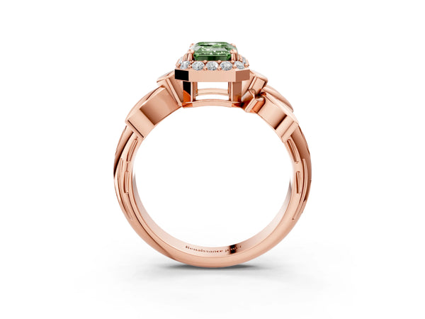 Rose gold Fancy Green Emerald  Halo Diamond Floral Band with Four-Prong Setting