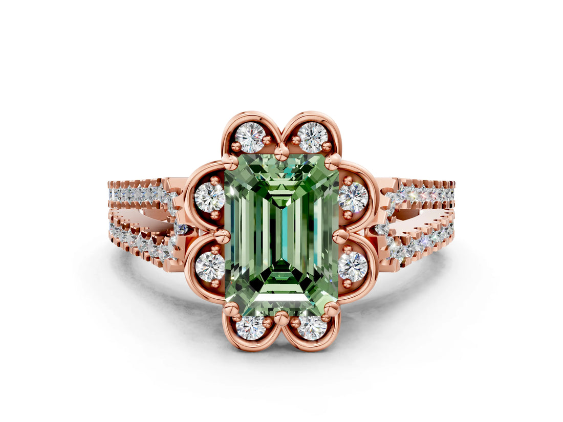 Rose gold Fancy Green Emerald  Halo Diamond Floral Split Shank Engagement Ring
