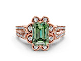 Rose gold Fancy Green Emerald  Halo Diamond Floral Split Shank Engagement Ring