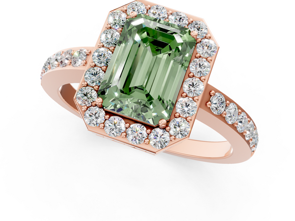 Rose gold Fancy Green Emerald  Halo Diamond Pavé Band Ring with Prong Setting