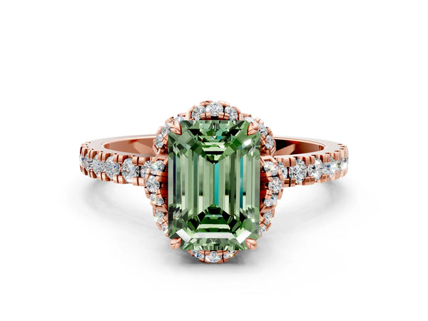 Rose gold Fancy Green Emerald  Halo Diamond Pave Band Ring with Four-Prong Setting
