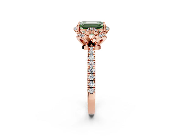 Rose gold Fancy Green Emerald  Halo Diamond Pave Band Ring with Four-Prong Setting