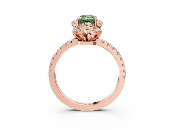 Rose gold Fancy Green Emerald  Halo Diamond Pave Band Ring with Four-Prong Setting