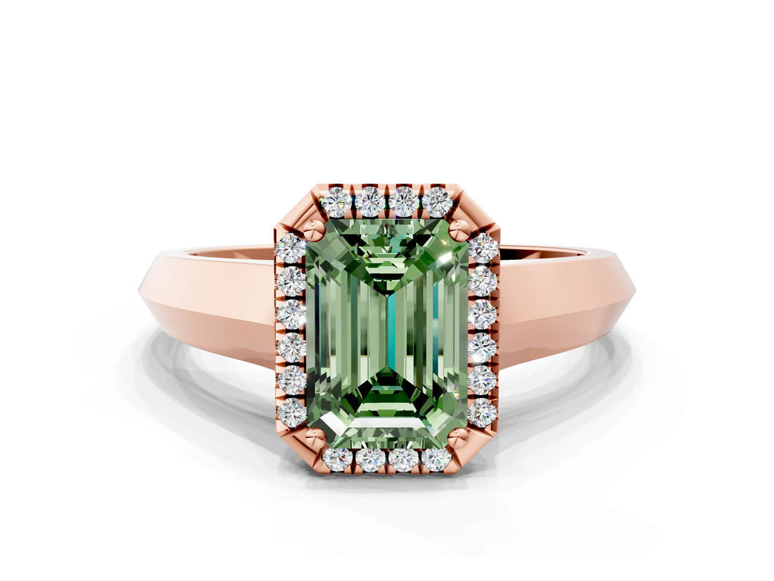 Rose gold Fancy Green Emerald  Halo Diamond Ring with Cathedral Band and Four-Prong Setting_49