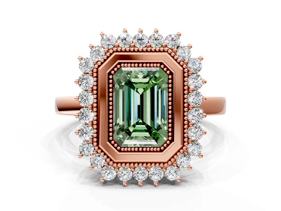 Rose gold Fancy Green Emerald  Halo Diamond Ring with Milgrain Edge and Round Prong Setting_26