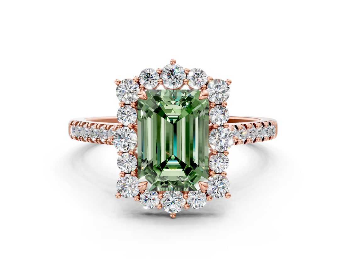 Rose gold Fancy Green Emerald  Halo Diamond Ring with Pavé Band and Prong Setting_20