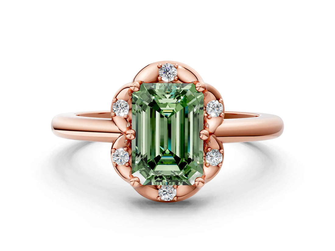 Rose gold Fancy Green Emerald  Halo Diamond Ring with Round Cluster Setting, Solitaire Band, and Four-Prong Setting_73