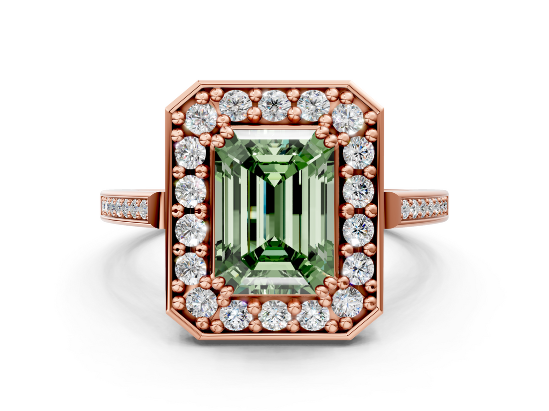 Rose gold Fancy Green Emerald  Halo Diamond Ring with Split Shank and Four-Prong Setting_46