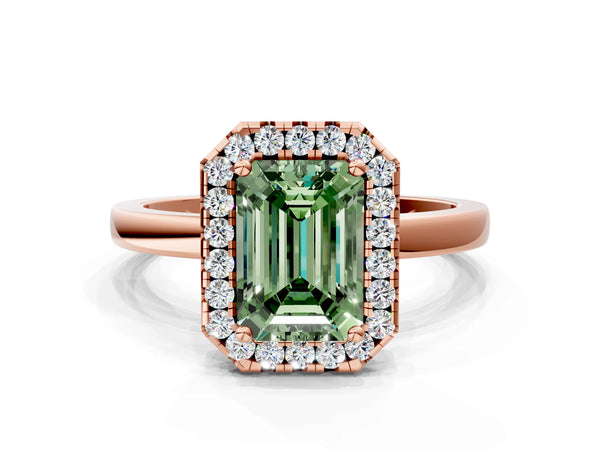 Rose gold Fancy Green Emerald  Halo Diamond Solitaire with Pavé Band and Four-Prong Setting