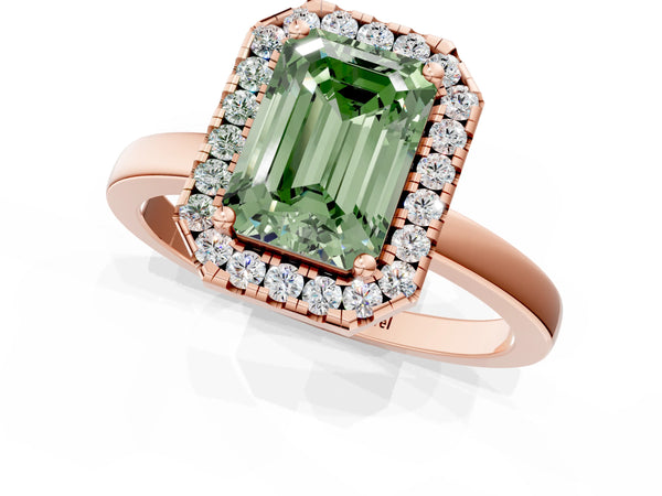 Rose gold Fancy Green Emerald  Halo Diamond Solitaire with Pavé Band and Four-Prong Setting