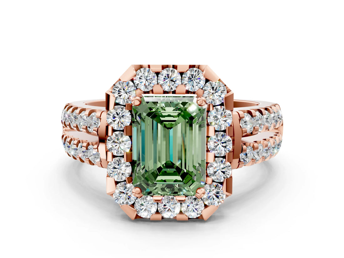 Rose gold Fancy Green Emerald  Halo Diamond Split Shank Engagement Ring with Prong Setting_63