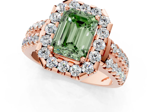 Rose gold Fancy Green Emerald  Halo Diamond Split Shank Engagement Ring with Prong Setting