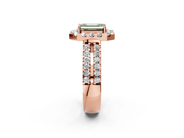 Rose gold Fancy Green Emerald  Halo Diamond Split Shank Engagement Ring with Prong Setting