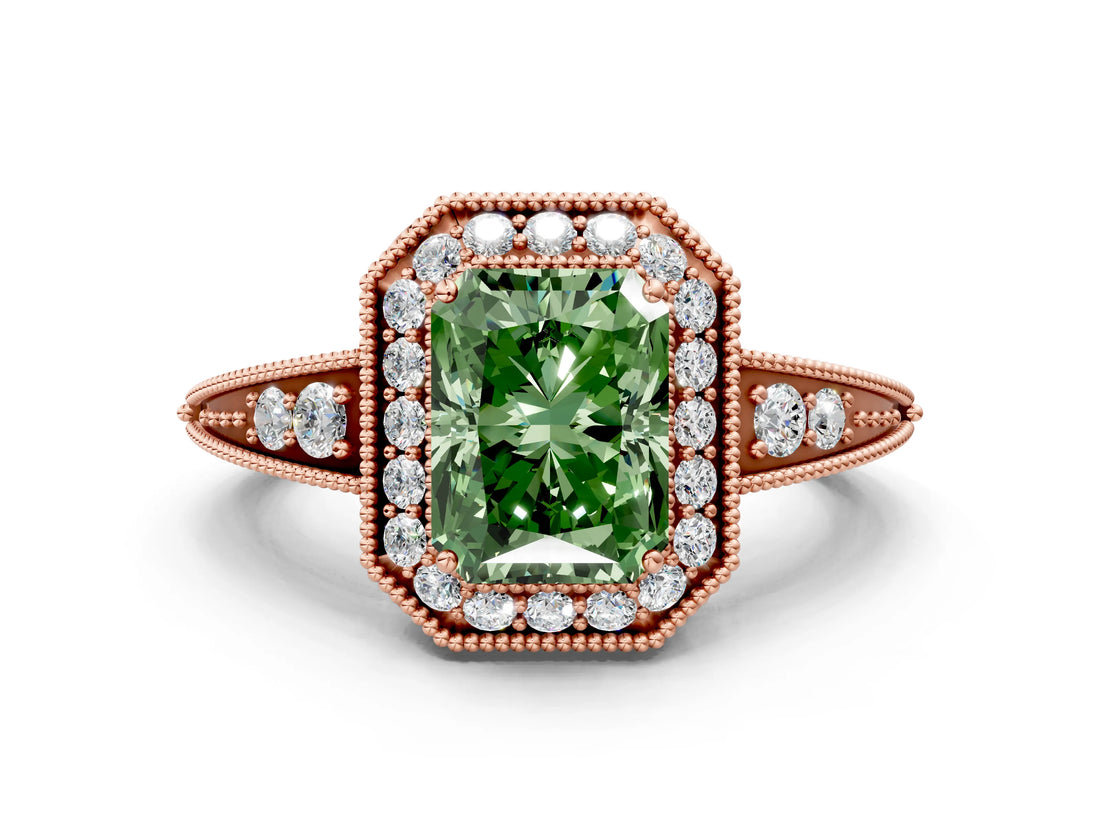 Rose gold Fancy Green Emerald  Halo Diamond Split Shank Ring with Milgrain Detail_49