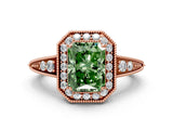 Rose gold Fancy Green Emerald  Halo Diamond Split Shank Ring with Milgrain Detail_49