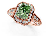 Rose gold Fancy Green Emerald  Halo Diamond Split Shank Ring with Milgrain Detail_50