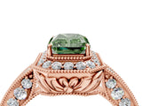 Rose gold Fancy Green Emerald  Halo Diamond Split Shank Ring with Milgrain Detail_53