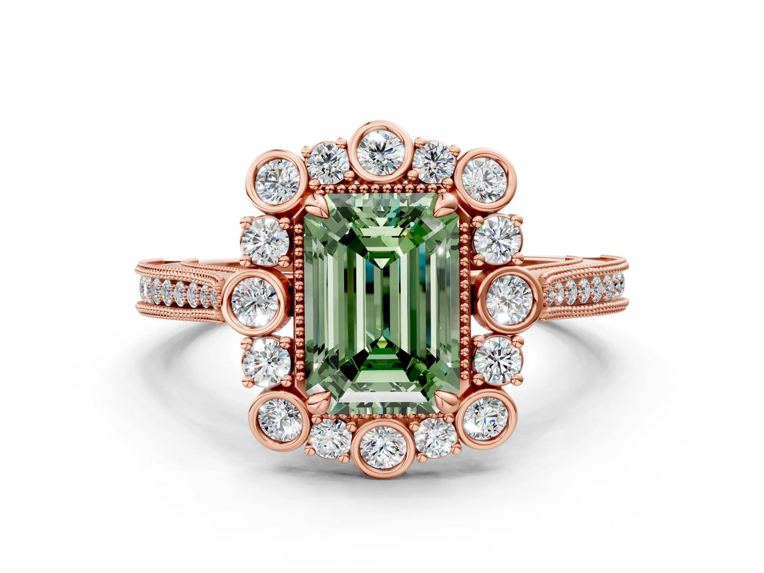 Rose gold Fancy Green Emerald  Halo Milgrain Pave Diamond Ring with Four-Prong Setting 1