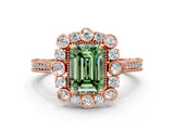 Rose gold Fancy Green Emerald  Halo Milgrain Pave Diamond Ring with Four-Prong Setting 1