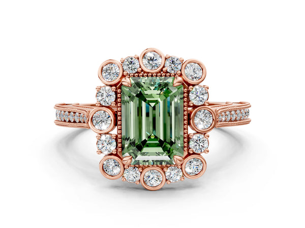 Rose gold Fancy Green Emerald  Halo Milgrain Pave Diamond Ring with Four-Prong Setting