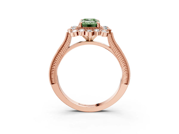 Rose gold Fancy Green Emerald  Halo Milgrain Pave Diamond Ring with Four-Prong Setting